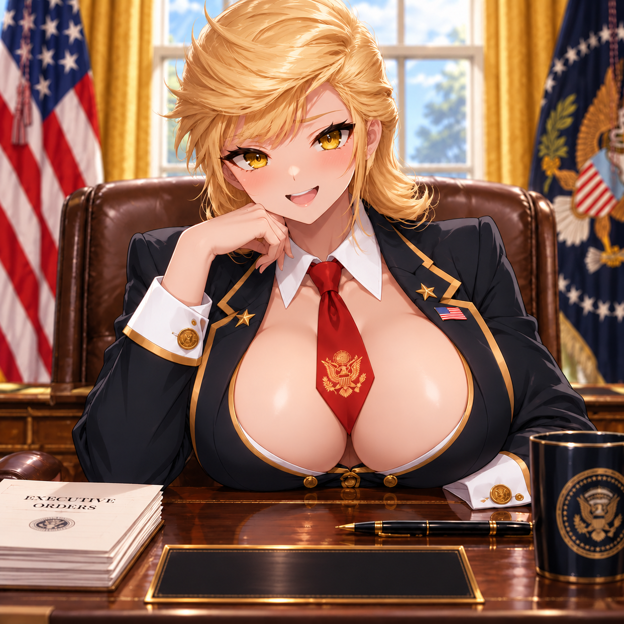 Madam President behind her desk in the sunlit Oval Office